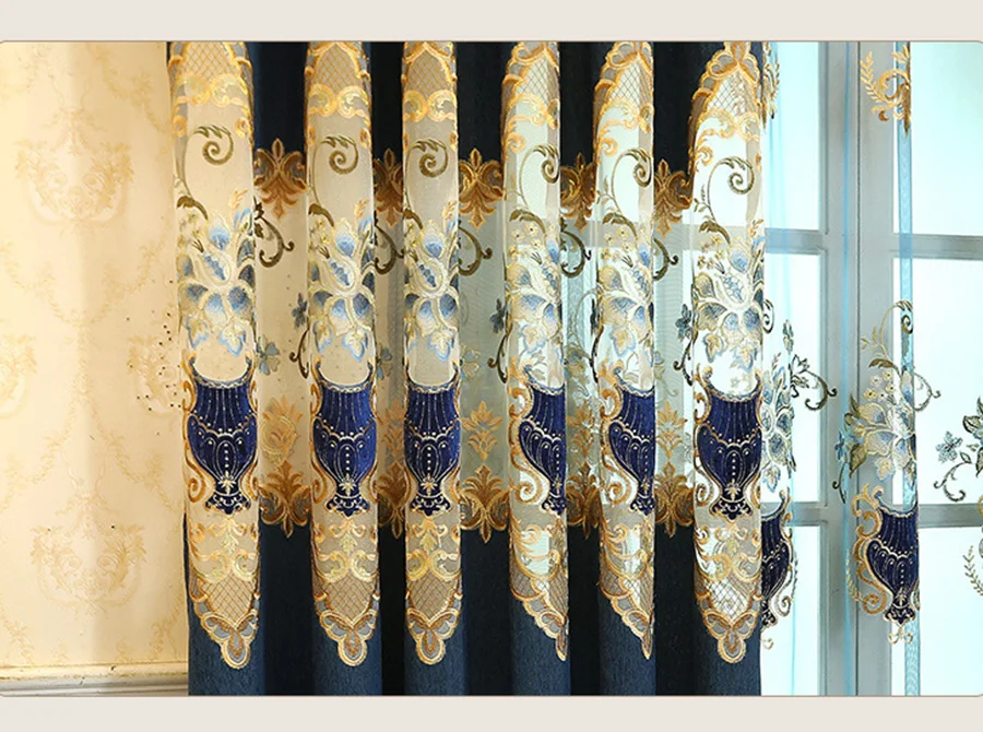 Роскошная вышитая занавеска для гостиной бронзовая жаккардовая занавеска для спальни закрученная синяя вышитая Тюлевая занавеска s M034-40