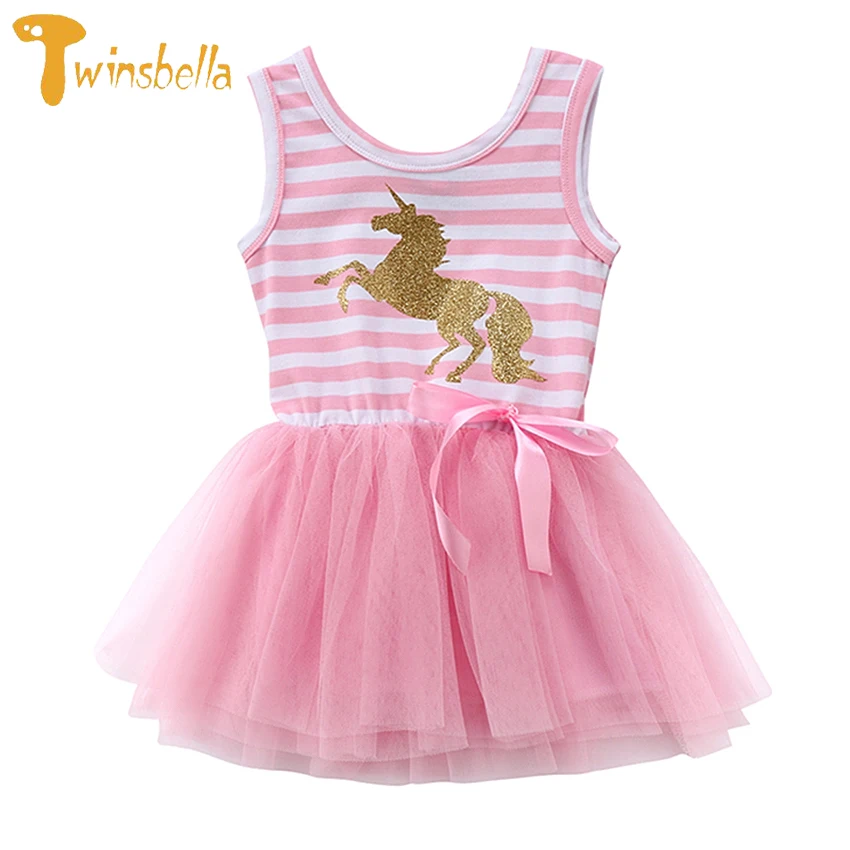 2019 Little Girl Baby Unicorn Dress for Girls 1 2 3 4 5 Years Summer Sleeveless Striped Pink Tulle Party Birthday Tutu Dresses