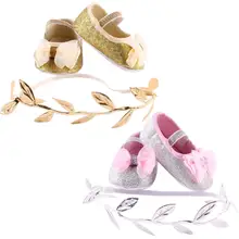 

2pcs Newborn Baby Girls Shoes Sequins One Pair Princess Shoes Headband Baby Soft Sole Booties First Walkers for 0-18M