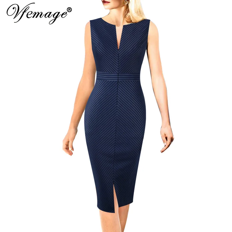 Vfemage, женское элегантное платье на молнии спереди, в полоску, с разрезом, облегающее, одежда для работы, офиса, бизнеса, вечерние, облегающее, облегающее платье-футляр, 669