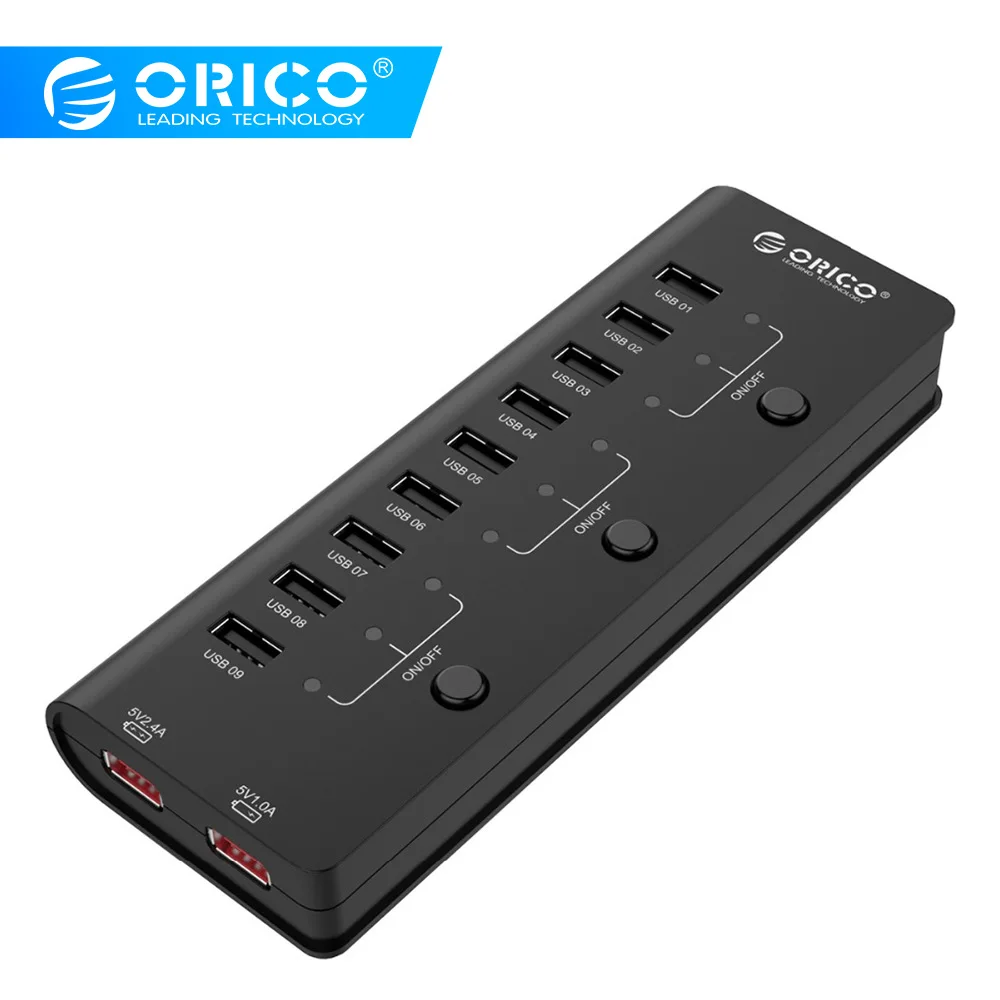ORICO 9 Port USB2.0 HUB With On/Off Switches 2 Charging Ports USB2.0