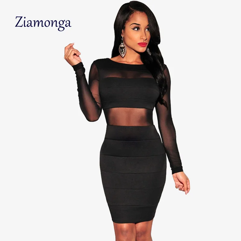 

Hot Sale Mesh Patchwork Women Dress Long Sleeve Sexy Club Dress 2017 Plus Size XS- XXL Black Party Dresses New Arrival Club Wear