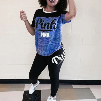 

Plus Size Xxl/Xxxl 2 Piece Set Women Tracksuit Summer Casual Short Sleeve Top & Pants Streetwear Pink Letter Print Women Sets