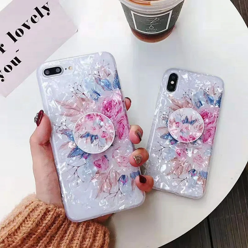 Fashion  Conch Shell Phone Case for iphone XS Max XR X 6 6S 7 8 Plus Back Cover Expanding Stand Holder Bracket Flower Case Coque (9)