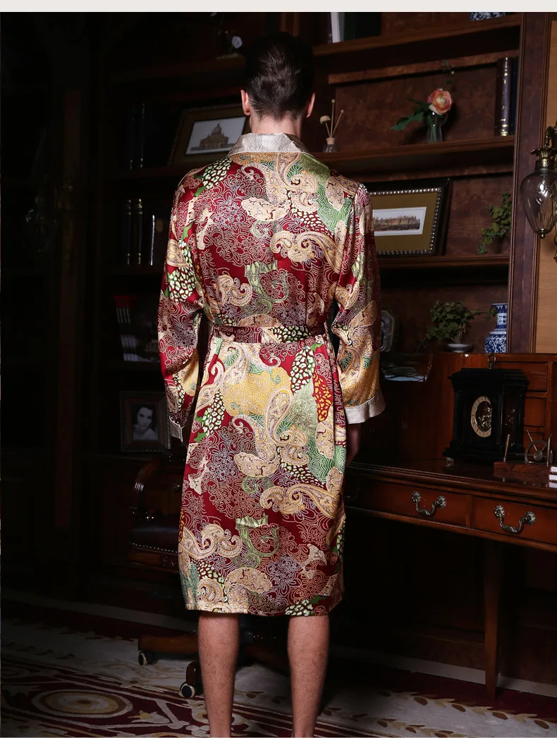 Натуральный шелк спальный халат Мужской Весна Лето длинный рукав модный халат с принтом кимоно шелкопряда шелковая мужская одежда для сна Y2519