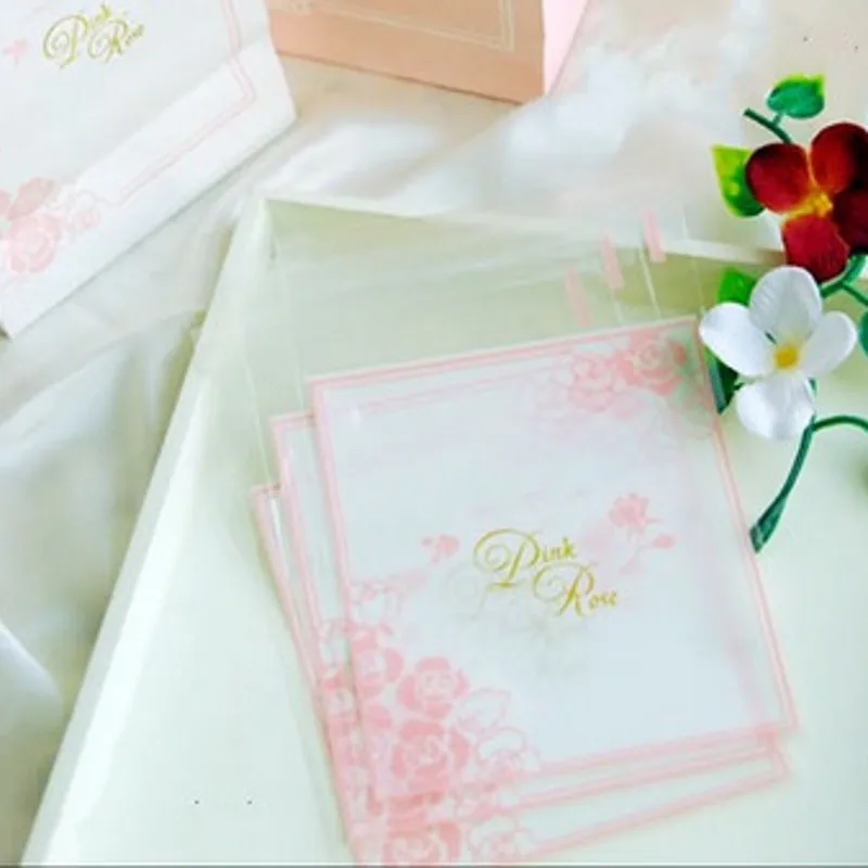 

100pcs OPP Pink Rose Party Candy Cookie Snack and Gift Packaging Bag Self Adhesive Seal Soap OPP Plastic Baking Bag B120