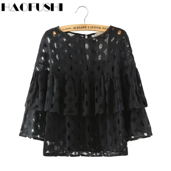 New style autumn Women Elegant White and black Lace Hollow Out Short Blouse Casual loose Ruffle Circle Shirts O-neck Brand Tops