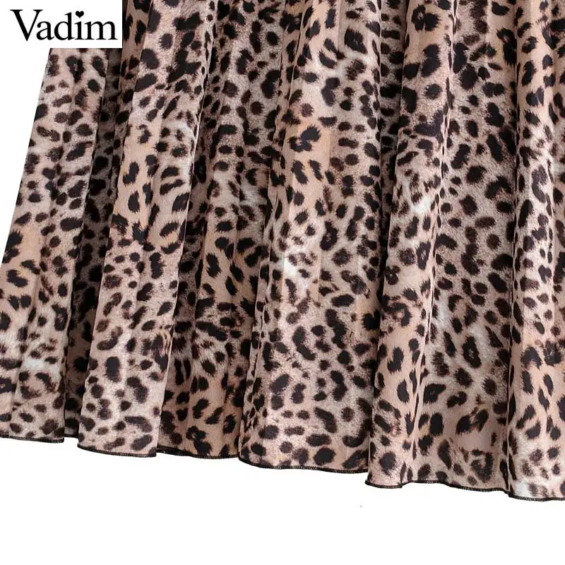 Vadim women stylish leopard print pleated skirt snake faldas mujer Drawstring tie elastic waist casual mid calf skirts BA108