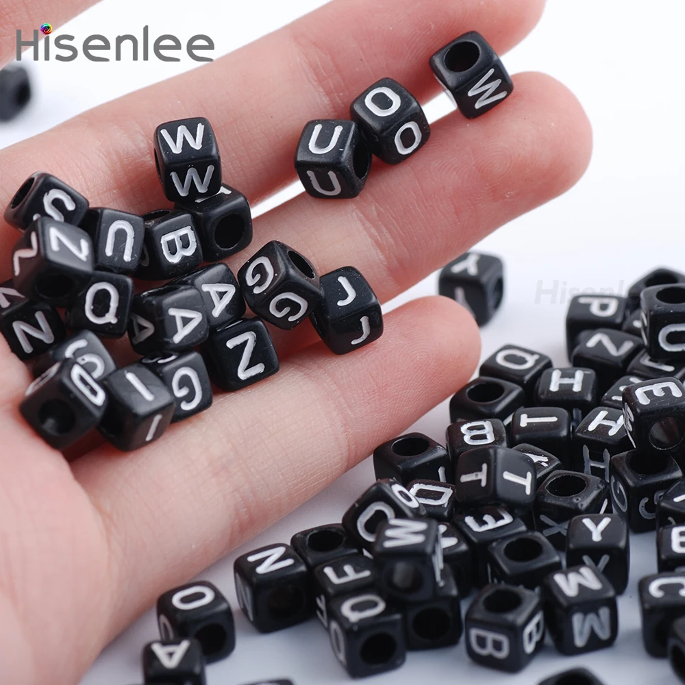

Hisenlee High Quality 200pcs/lot 6x6mm Black Letter Beads DIY loose Alphabet Cube Beads For teething necklace and pacifier clip