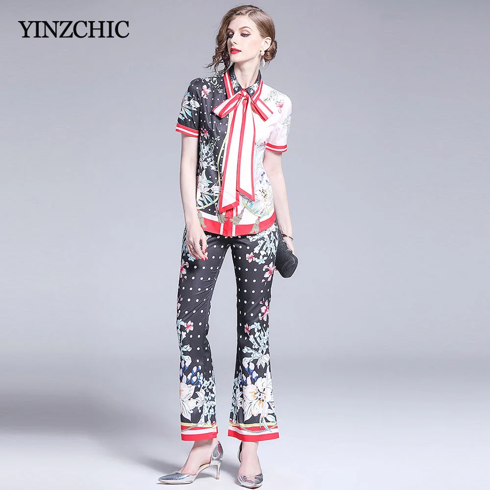

Floral Printed Woman Summer Sets Short Sleeve Blouse Slim Flare Pants Suits for Woman Female Party Two-pieces Suits Elegant