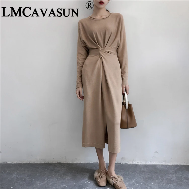 Comprar LMCAVASUN mujer elegante de manga larga partido Vestido otoño moda femenina ropa dama lazo fajas sólido Vestido largo