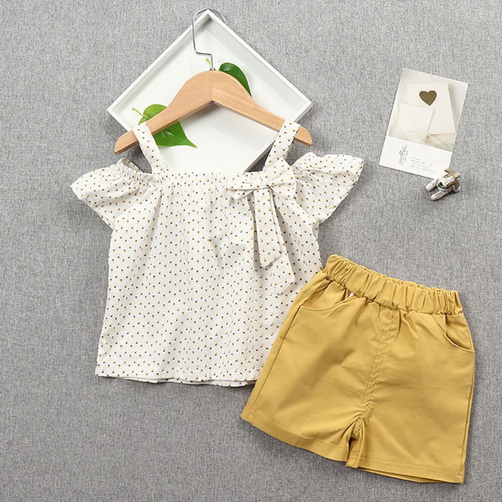 

2019 Summer Toddler Baby Girl Clothes set Off Shoulder Dot Print Bow Tops+Solid Shorts For Girls Clothing Sets 1 2 3 Years
