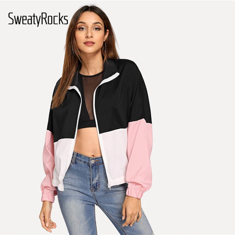 

SweatyRocks Athleisure Elastic Edge Color Block Windbreaker Jacket Active Wear Stand Collar 2018 Autumn Zip Up Women Casual Tops