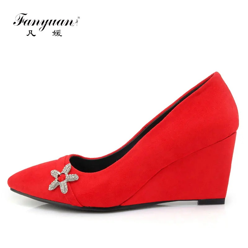 Fanyuan 2018 Women's Rhinestone Charming High Heel Wedge Shoes Woman Pointed Toe Less Platform Wedding Pumps Big Size 32-42 | Обувь