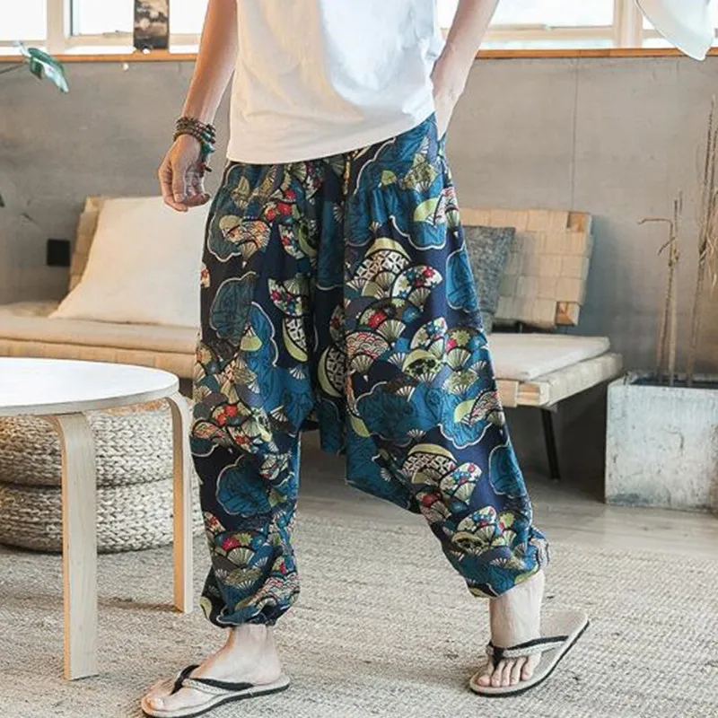 INCERUN Ретро Мужские кросс-брюки гаремный с широкими штанинами брюки льняной эластичный корсаж свободный принт хип-хоп промежность повседневные мужские штаны китайский