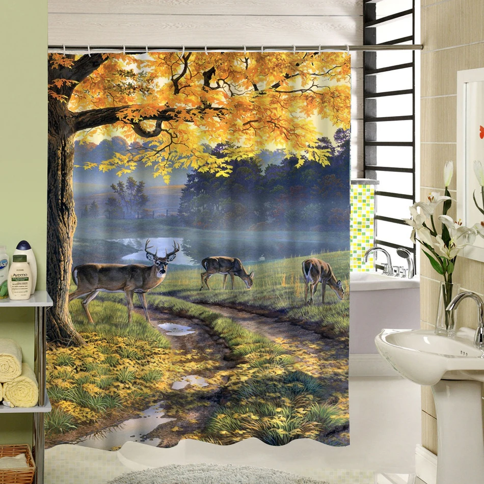 Custom Polyester Fabric Shower Curtain 3d Printing Forest Deer Art