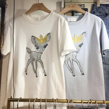 

2018 New All-match Spring Summer Women's Tops O Neck Pullovers Sequined Embroidery Short Sleeve T-shirt Loose Casual Tees White