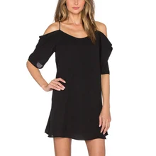 Verano de Las Mujeres Atractivas Del Hombro Vestido de Mujer Correa Ruffles de Manga Ocasional de La Gasa Negro Sexy Slip Vestido vestidos de Playa