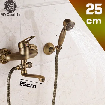 

Long Nose Bathroom Tub Mixer Wall Mounted 360 swive Outlet Spout Antique Brass Bath Shower Faucet with Handshower and Bracket