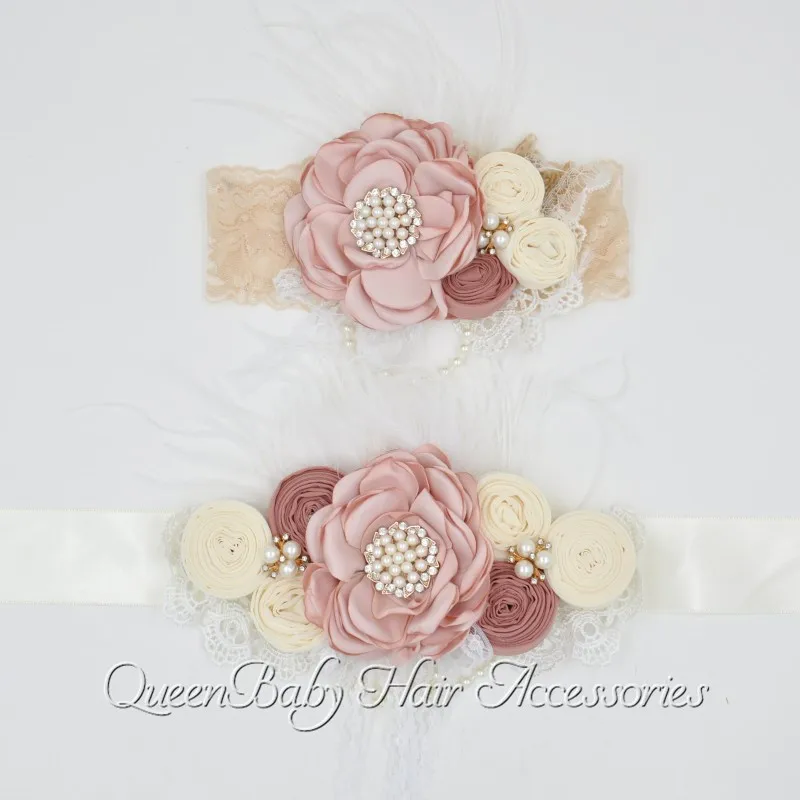 

20set/lot Vintage Inspired Sash Matching Lace Headband Bridal Unique Ivory Belt Rhinestone Bridal Sash