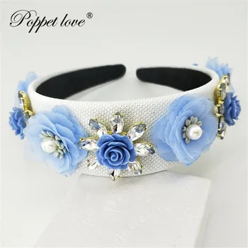 

Light Blue flower white Headband For Girls Rhinestone Crown Hairbands High Quality Women & Girls Hair Accessories Party Handmade