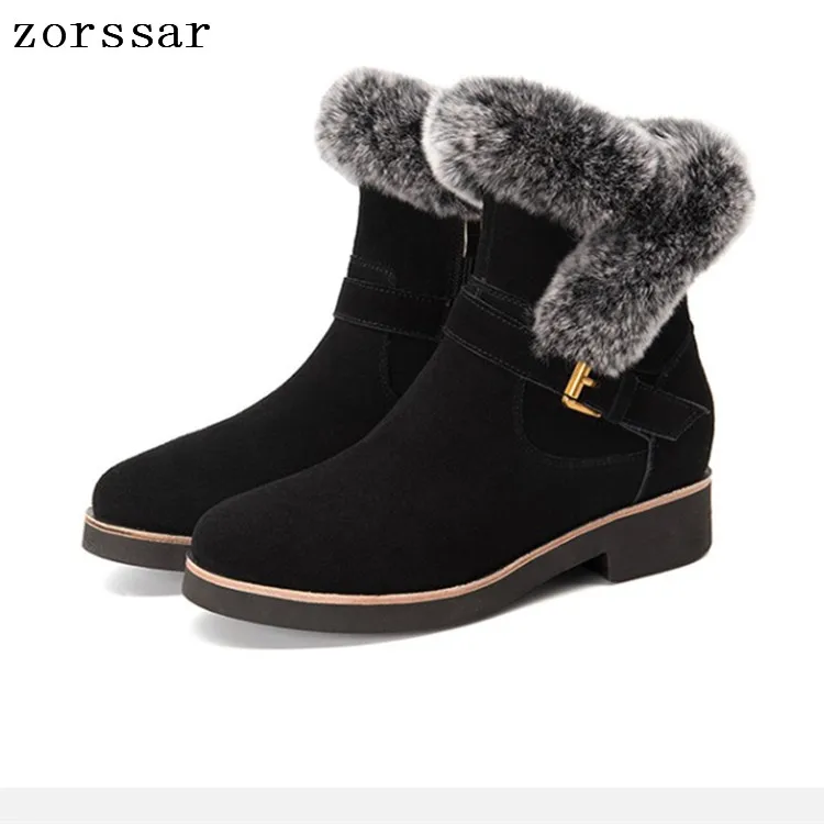 

{Zorssar} Fashion Buckle Women Ankle Boots Flat Heel Suede Leather Women Snow Boots Winter Short Plush Inside Womens booties