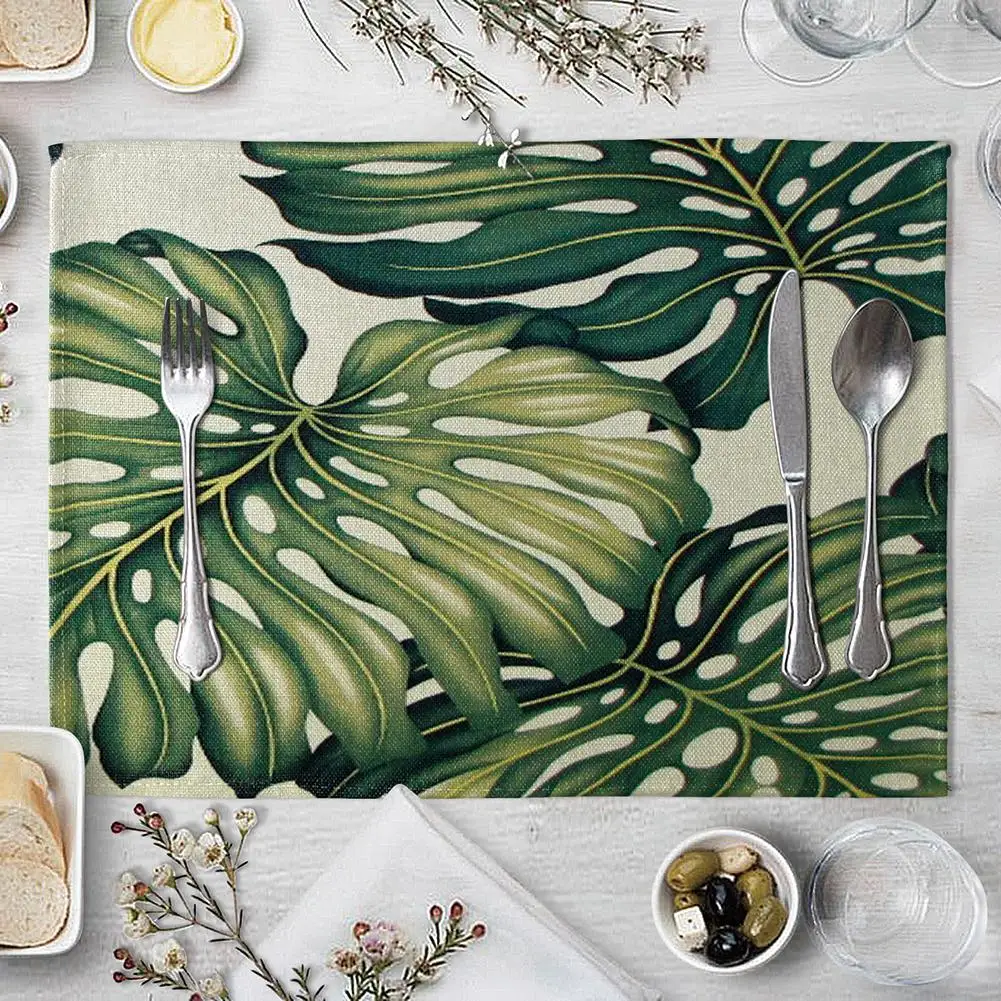 

Green Leaves Pattern Western Pad 42x32cm Cotton Linen Placemat Insulation Dining Table Mat Bowls Coasters Kitchen Accessories