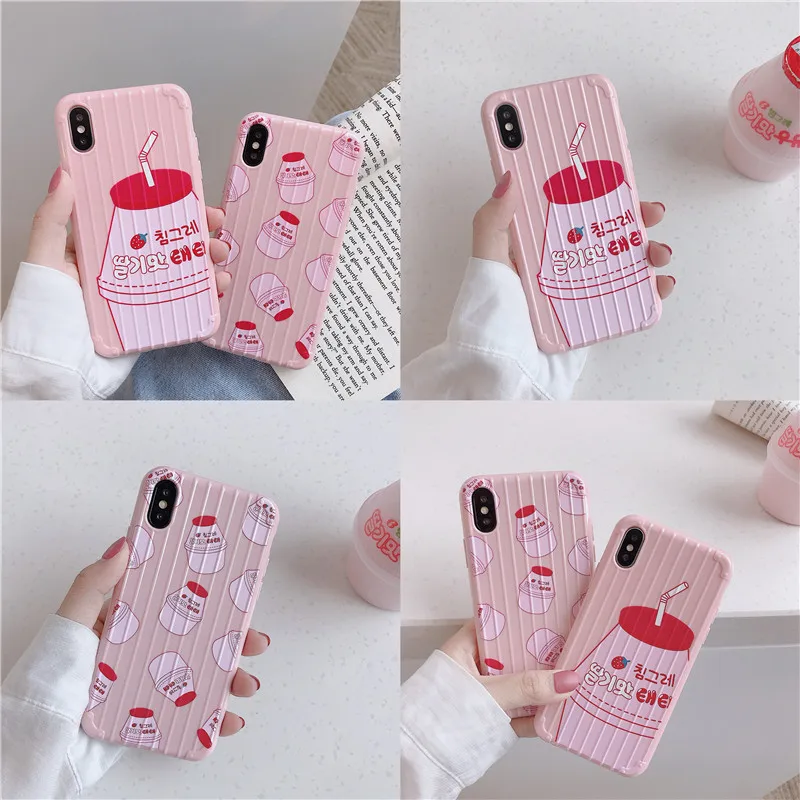 

New Candy Color Pink Strawberry Milk Suitcase Phone Case For iPhone X XR XS MAX 6 S 6s 7 8 Plus Curved Trunk Soft Cover Case