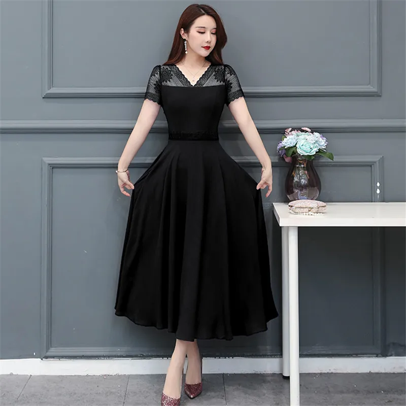 

Korea Fashion New Summer Vintage Dresses Blue Chiffon V-Neck Solid Short-Sleeved Dress Female Big Swing Long Dress Vestidos