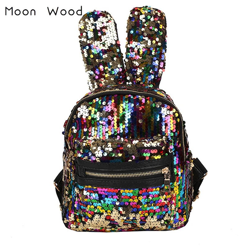 Moon Wood Newest Bling Sequins Backpack Cute Big Rabbit Ears Double