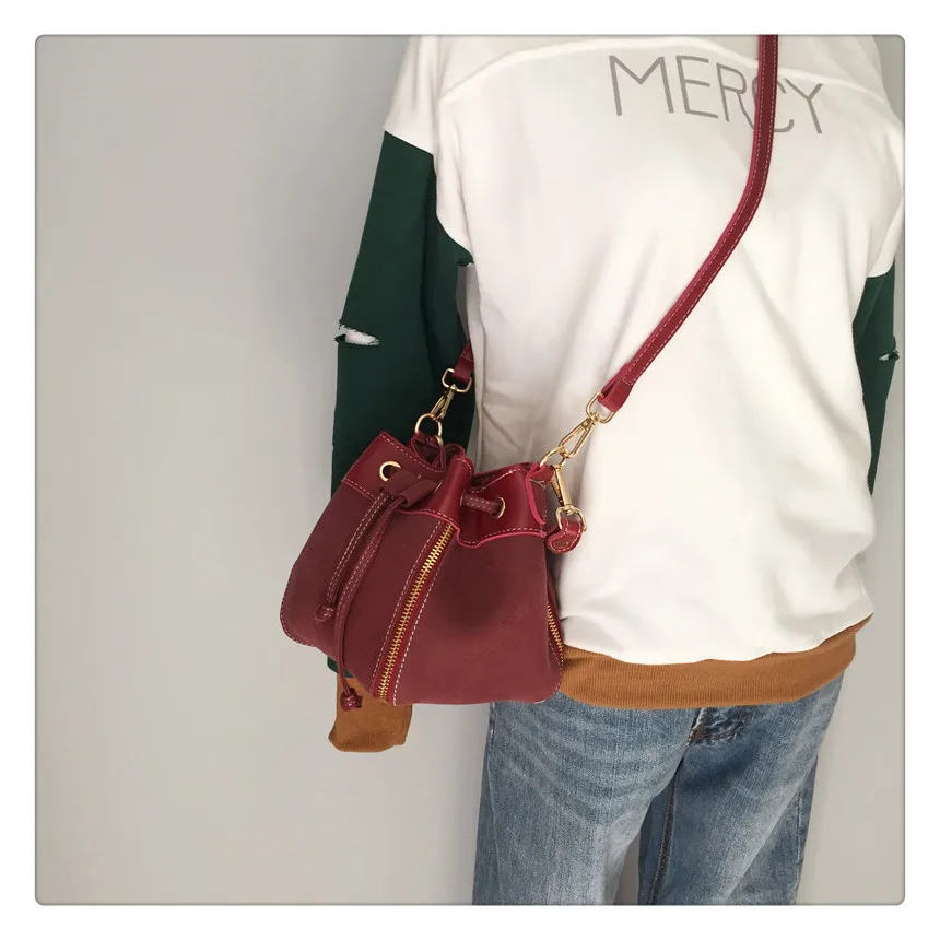 MJ Women Leather Handbags Vintage Suede PU Leather Crossbody Bag Drawstring Bucket Bag Female Small Messenger Bags Korean Style (6)