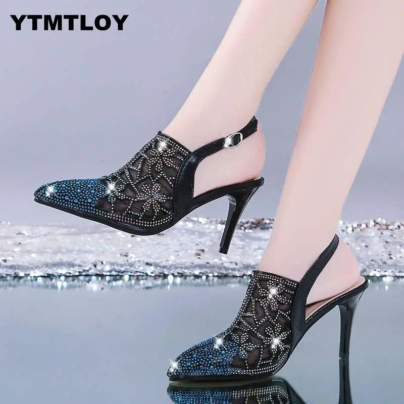 HOT Spring Sexy Pumps Fashion Rhinestones Diamond Beaded Super High Thin Heeled Pointed Toe Slingbacks Women Shoes Gold - Цвет: Black