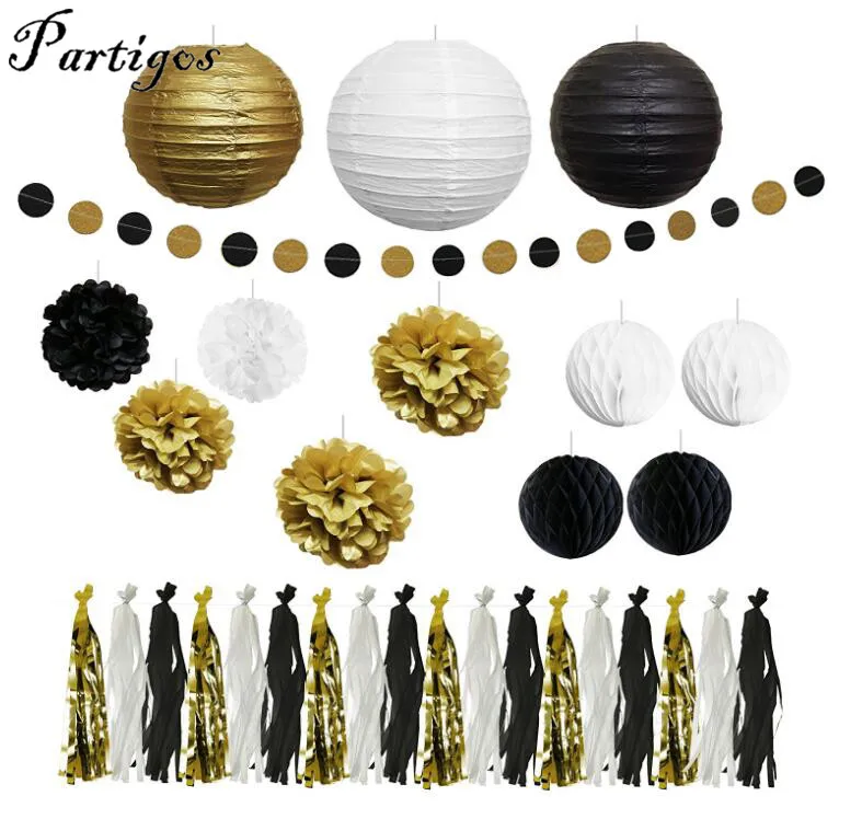 16 шт. черно-белое и золотое украшение включает в себя фонарики соты бумажные шары помпоны кисточка баннер и круг баннер - Цвет: Золотой
