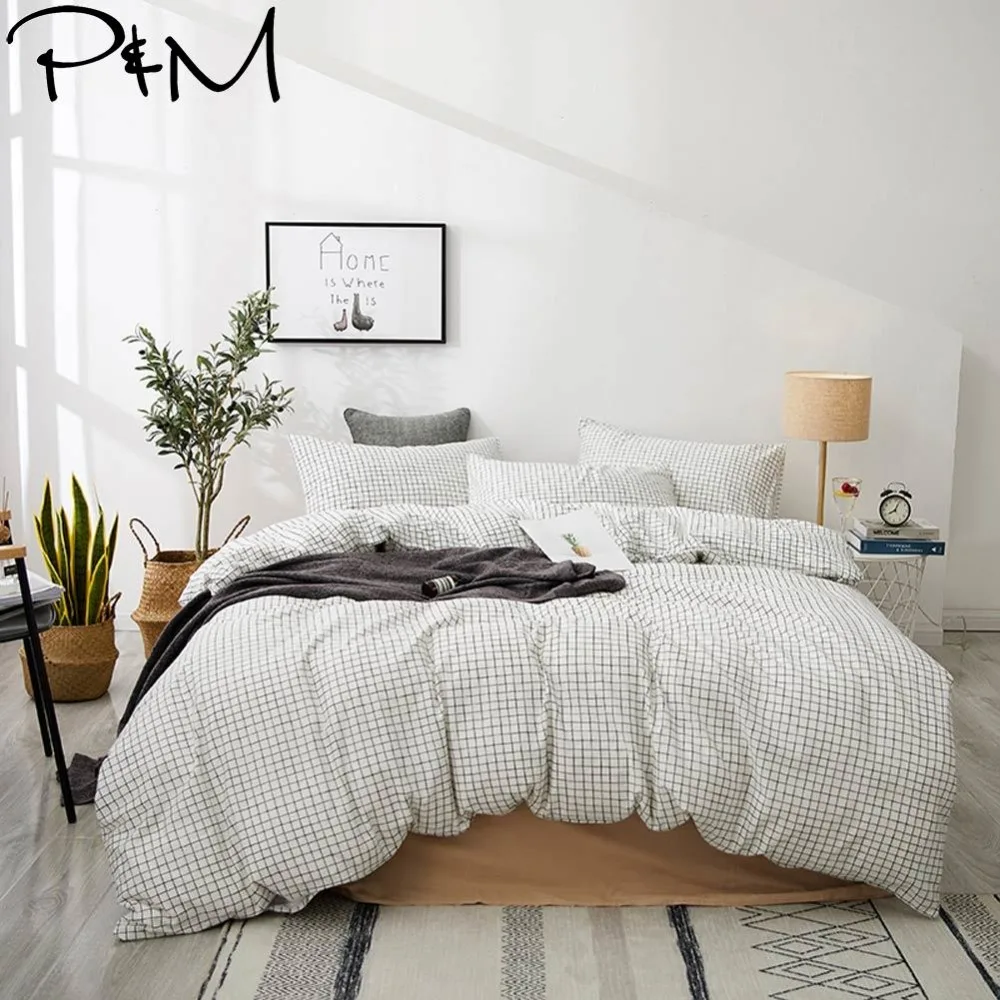 

2019 PAPA&MIMA Grey Plaids Lines Coffee Bedding Set Duvet Cover Set 3/4pcs Twin Queen King Customize Size Cotton Bedlinens