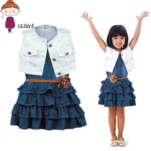 Летние джинсовые платья для девочек, Vestido infantil, пальто+ джинсовое платье+ ремень, комплект из 2 предметов с поясом, праздничная одежда для малышей 12 мес.-6 лет