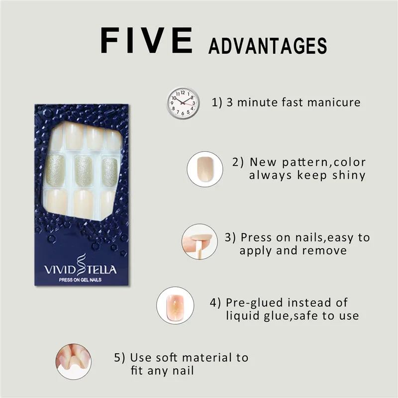 Box Pre-glued Fake Nail With Designs 30PCS Press on Full Cover Shiny Glitter False Nail Tips ABS DIY Women Artificial Nail Art