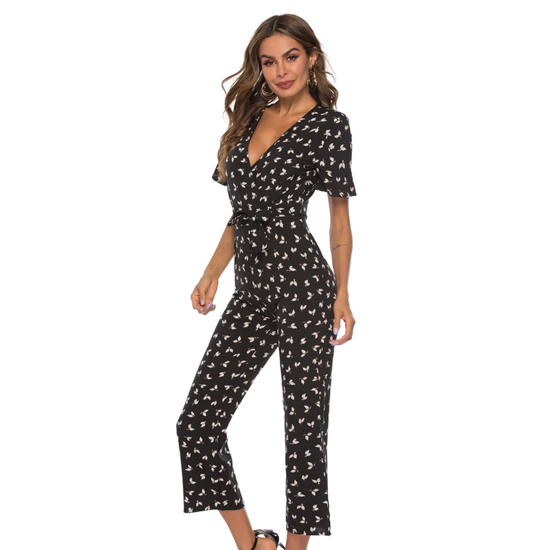 

Summer chiffon printing sexy v-neck jumpsuits women's jumpsuits with short sleeves slim ladies office black jumpsuits romper