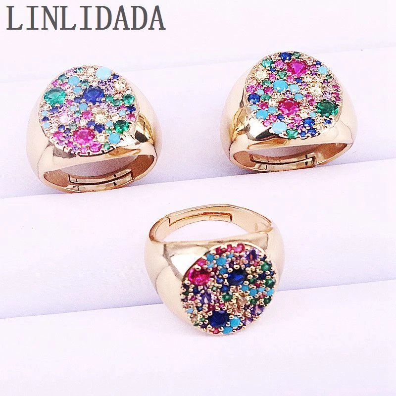 

5Pcs New Arrived Paved Rainbow CZ Zircon Oval Gold-Color Gorgeous Adjustable Ring for Women
