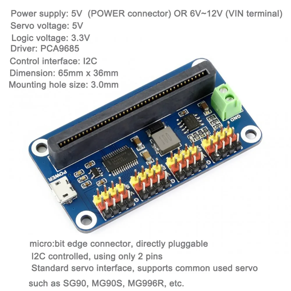 5 шт. 16 канальный 12 битный сервопривод I2C 5В 3A PCA9685 PWM для micro:bit microbit SG90 MG90S MG996R RC