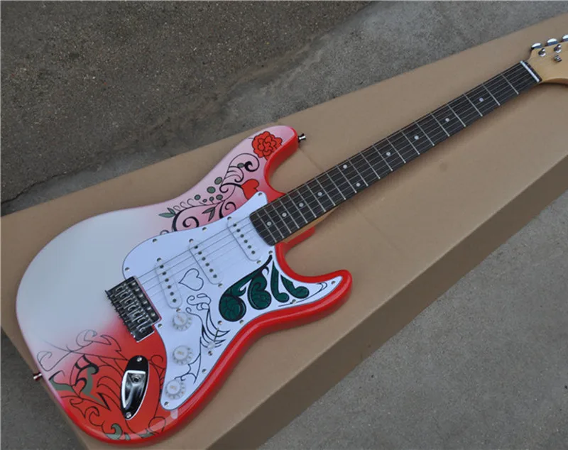 

6-String Electric Guitar,Flower Pattern on Body,Rosewood Fingerboard with 21 Frets,Red Back of body,Maple Neck,can be Customized