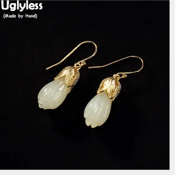 

Uglyless Real 925 Sterling Silver Handmade Filigree Flower Earrings for Women Jade Magnolia Dangle Earrings Gold Plated Brincos