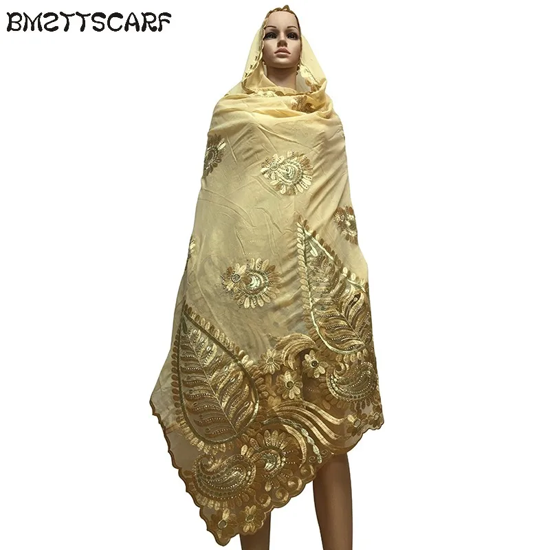 New african scarfs muslim women big embroidery cotton scarf cotton match net embroidery scarf with stones BM602