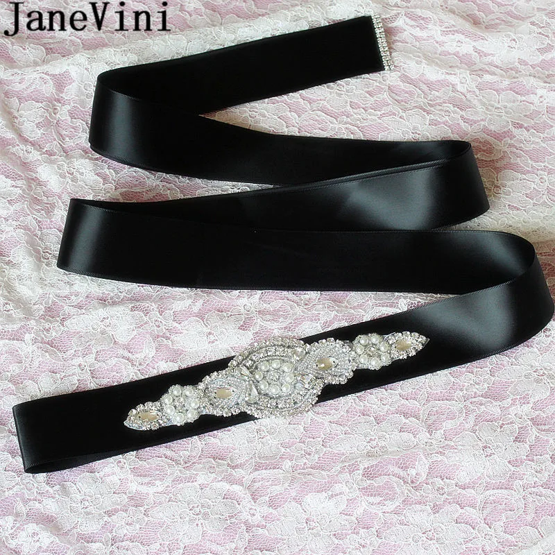 JaneVini Bling Crystal Bridal Belts with Pearls Luxury Beaded Rhinestones Bride Belt Party Wedding Dress Bridesmaid Sash Ribbon