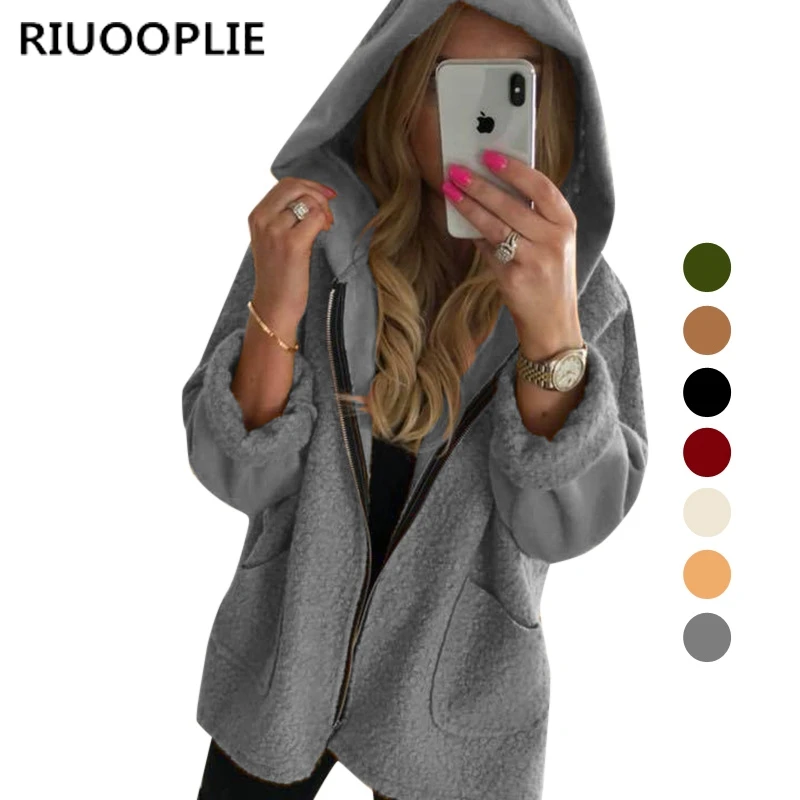 

RIUOOPLIE Womens Winter Fluffy Fleece Jacket Coat Cardigans Hooded Zip UP Pocket Jumper
