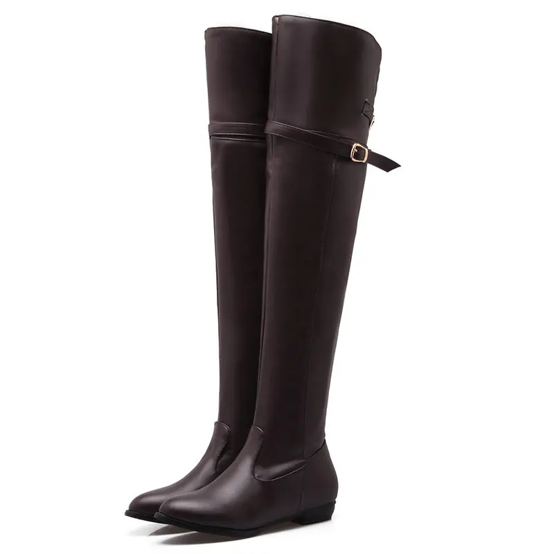 

B2-3 Size 34-46 Female PU Leather Over-The-Knee Boots Women Buckle Plus Size Shoes Lady Winter Zips Shoes Woman Flat Heels Shoe