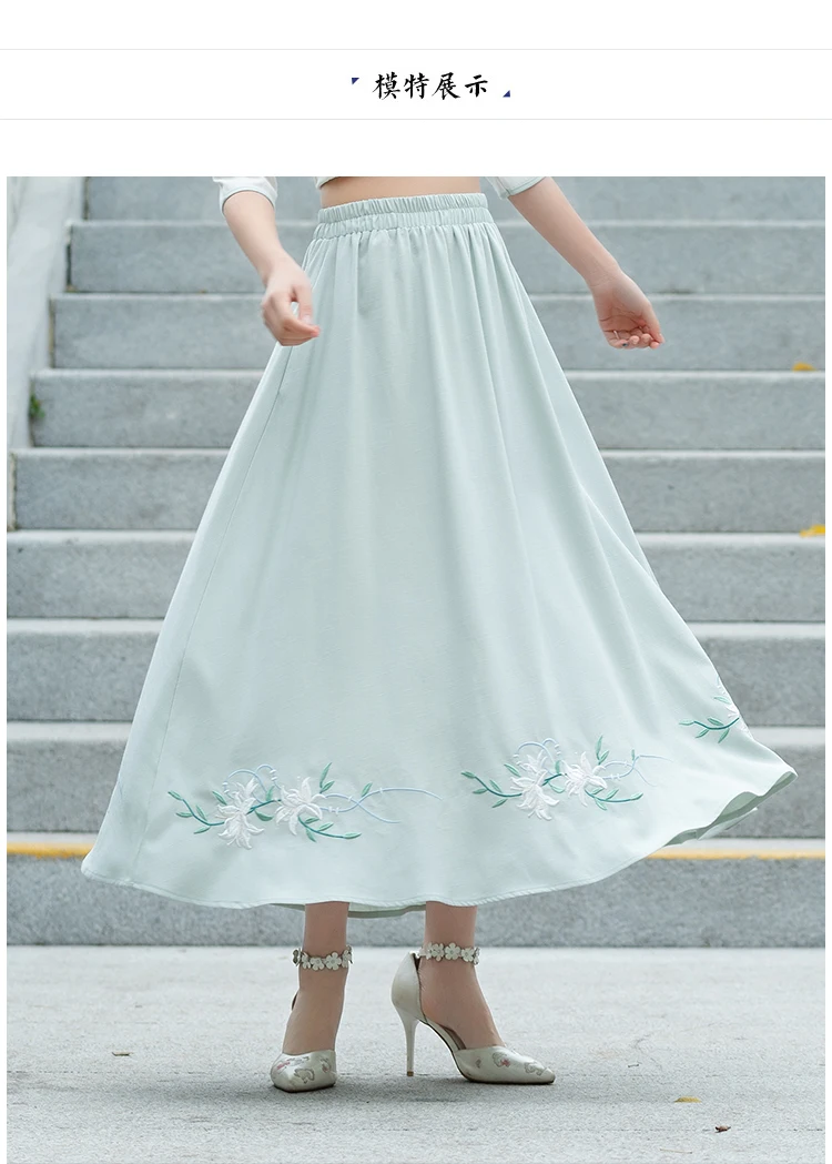 Для женщин Хлопок Льняные длинные юбки вышивка цветочный плиссированные высокая эластичная талия Лето повседневное трапециевидной формы