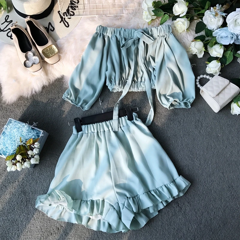 

Off Shoulder Lace up Short-sleeved Chiffon Tops Ruffles Wide Leg Short 2pieces Female 2019 Summer Sexy Crop Top Beach Woman Set