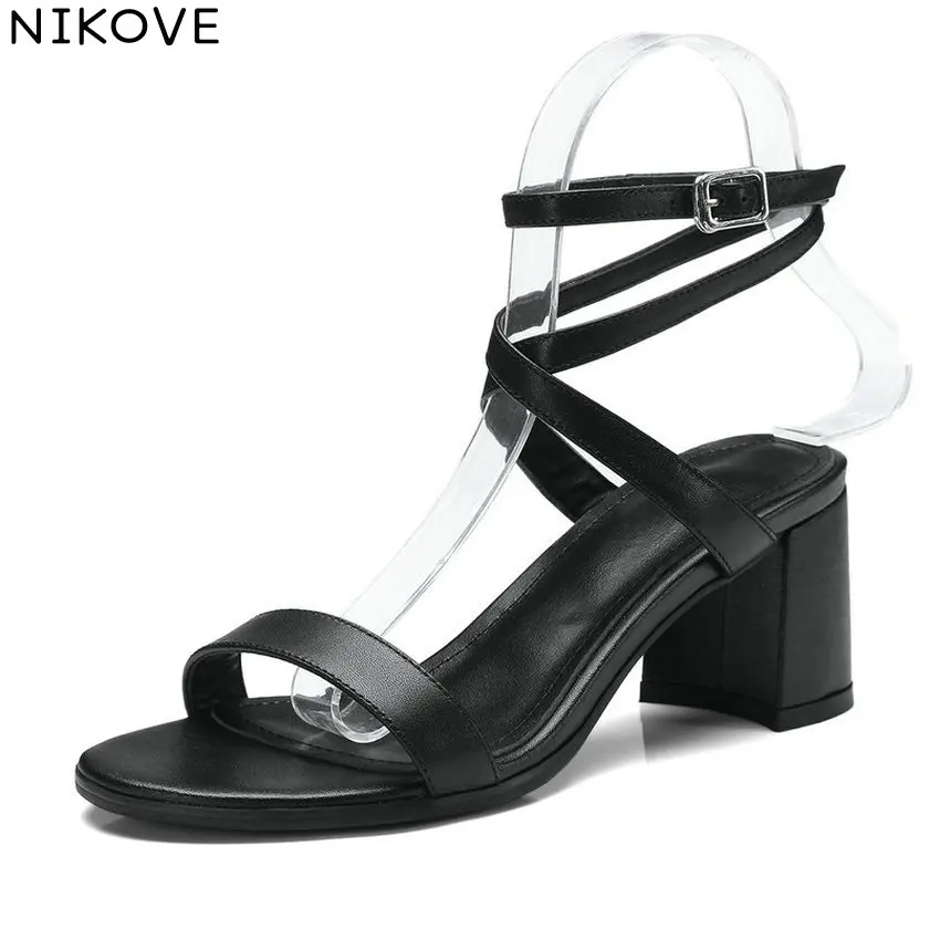 

NIKOVE 2018 Women Sandals Open Toe Elegant Cow Leather PU Denim Buckle Strap Shoes Summer Square High Heels Shoes Size 34-39