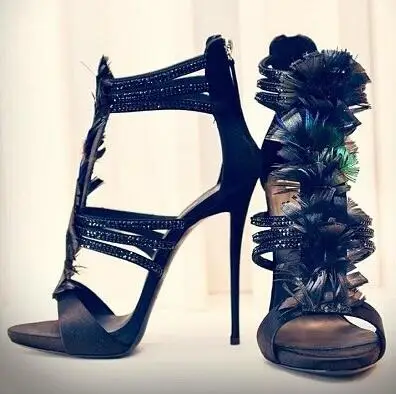 

Newest 2017 Designer Women's Feather Crystal T-Strap Sandals High Heel Triple Bands T-strap Women Shoes Size 34-42 Drop Ship