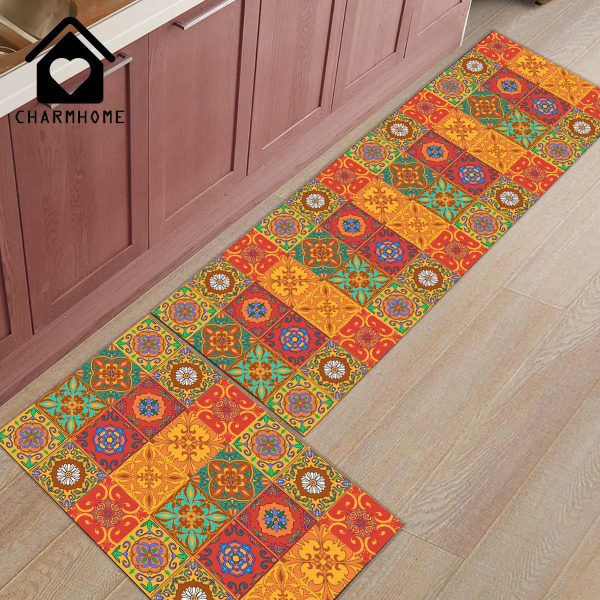 

CHARMHOME 2Pcs/Set Retro Tile Pattern Image Long Kitchen Mat Carpet Floor Mats Home Entrance Doormat Bedroom Living Room Rug
